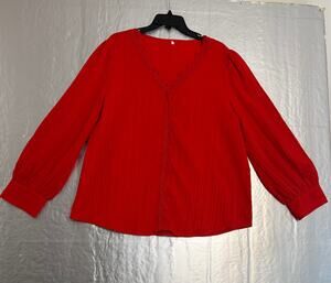 Women’s 2XL Red Pleated Lace Trim V-Neck Long Sleeve Blouse